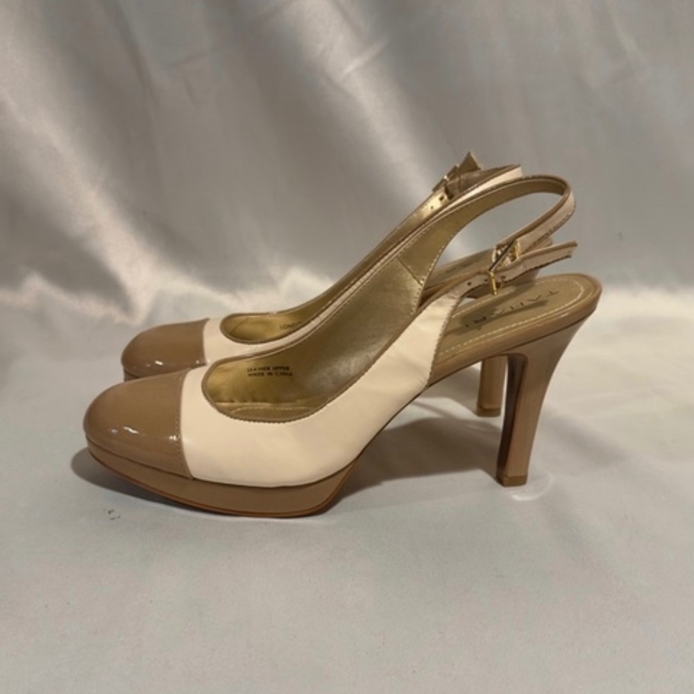 Tahari Leather Taupe Cream Pinup Girl Slingback Platform Heels Size 9M